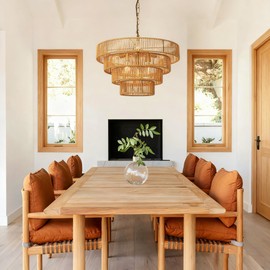 Cuaulans 20”Boho Large Rattan Pendant Light Fixture,4 Round Farmhouse Rustic Chandeliers,6-Lights Hand Woven Rattan Chandelier for Bedroom, Kitchen Island, Living Room, Foyer, Hallway