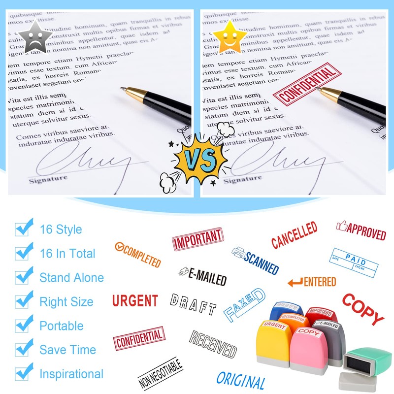 Crtiin 16 Pcs Office Stamp Set Message Self Inking Rubber