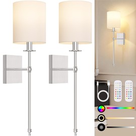 27 Inch Battery Operated Wall Sconces Set of 2 with Remote, Brushed Nickel Rechargeable Wireless Wall Lights with White Fabric Shade, Cordless Wall Lamps with Dimmable Detachable Bulbs for Bedroom