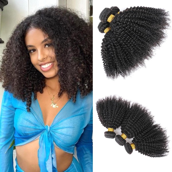 Mongolian Afro Kinky Curly Bundles Human Hair 4B 4C 100% Human Hair Bundles 12 12 12 Inch Curly Weave Bundles Unprocessed Virgin Hair Afro Curly Hair Extensions for Black Women Natural Colour