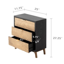 LONYKE Fully-Assembled 3-Drawer Farmhouse Dresser with Handcrafted Wood Ring Motif, Black Nightstand for Bedroom, Morden Rustic