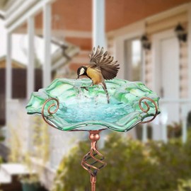VCUTEKA Bird Bath Glass Outdoor Birdbaths Garden Yard Decor Bird Feeder with Metal Stake Green