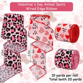 JarThenaAMCS Valentine's Day Wired Edge Ribbon Leopard Print Heart Craft Ribbon Pink Animal Spot Fabric Ribbon for Wreath Bow DIY Wrapping Party Decor, 2 Rolls, 20 Yard