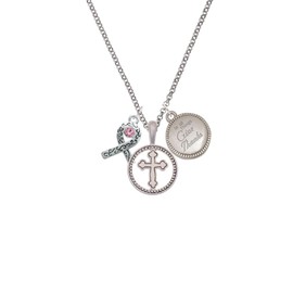 Delight Jewelry Silvertone Scroll Ribbon with Pink Crystal Silver-tone Give Thanks to God Cross Pendant Necklace, 23"