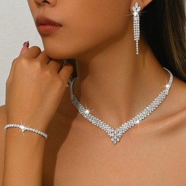 Silver Wedding Jewelry Set for Women Sparkly Rhinestone Earrings Necklace Bracelet Sets Prom Bridal Costume Jewelry for Bridesmaid Gifts