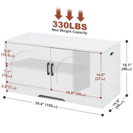 Storage Bench, 39.4" Shoe Bench with Storage, 2 Tier Entryway Bench with 2 Doors, Adjustable Shelf, 39.4" W x 15.8" D x 18.1" H, Holds up to 330lbs for Entryway Living Room Bedroom Hallway, White