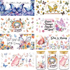 AFRITEE UV DTF Cup Wraps - 8 Sheets Butterfly Watercolor Painting Blue Pink Colorful Flower Floral Butterfly Rub on Transfers UV DTF Stickers for 16oz Glass Cups Vases Candle Holders Straws Crafts