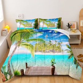 BDUCOK Ocean Comforter Set Queen Size Beach Bedding Set Tropical Palm Tree Hawaii Ocean Comforter Set Sunny Beach Coastal Nature Theme All Season Comforter Queen Size 1 Comforter wiht 2 Pillowcases