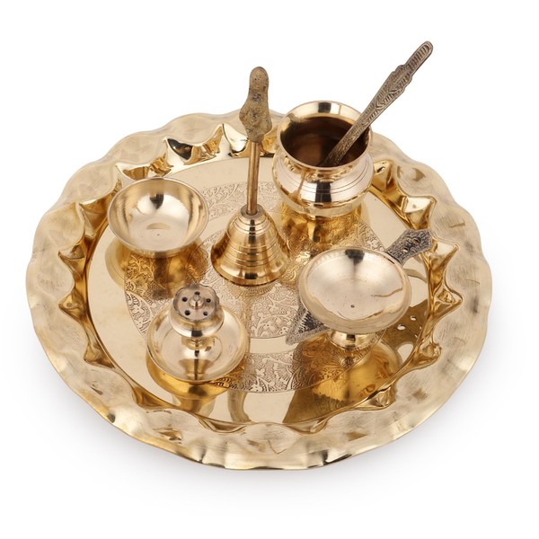 Hashcart Brass Pooja Thali Set - Pooja Thali Aarti Thali Plate for Diwali Gift, Home, Mandir - Diwali Decoration Diwali Thali, Brass Indian Pooja Thali Set [8.7 inch]