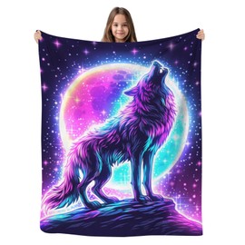 GNEW Wolf Blanket Gifts, Cute Galaxy Howling Wolf Moon Wolf Gifts for Kids Boys Girls, Soft Plush Space Wolf Sparkle Starry Star Blanket, Unqiue Wolf Birthday Gifts, Blue Pink Galaxy Wolf,60"x50"