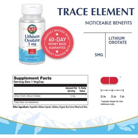 KAL Lithium Orotate 5 milligrams | Low Serving Of Chelated Lithium Orotate For Bioavailability and Mood Support | In Organic Rice Bran Extract Base | 120 VegCaps