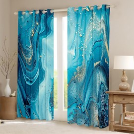 Erosebridal Marble Curtains for Living Room, Teal Blue Marble Window Curtain, Teal Gold Liquid Room Curtains for Bedroom Quicksand Turquoise Drapes (2 Panels) 42"x84"