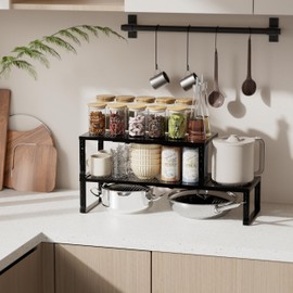 Zilvando Expandable Spice Rack & Kitchen Cabinet Organizer - Stackable, Adjustable Shelves for Cabinets, Countertops, Cupboards & Pantries(1 Pack/Meduim/Black)