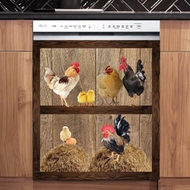 Majo Farm Rooster Hen Magnetic Dishwasher Door Panel Decal Animals Home Decor Sticker, Chicken Fridge Magnet Cover, Chick Dishwasher Magnet Cover for The Front, 23'' W x 26'' H Magnetic, Black