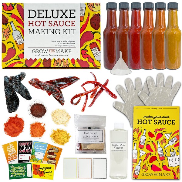 DELUXE DIY HOT SAUCE MAKING KIT Everything Included - Best Gift for Him, Husband, Friend, & Loved One - Make Your Own Gourmet Hot Sauce - Quality Dried Hot & Spicy Peppers, 6 Unique Recipes & stickers