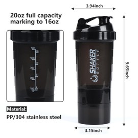VIGIND Protein Shaker Bottle,Sports Water Bottle,Leak Proof Shake Bottle For Protein Mixer- Non Slip 3 Layer Twist Off 3oz Cups with Pill Tray - Protein Powder 16 oz Shake Cup with Storage,Black