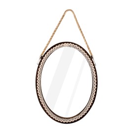 OKSQW 16 Inch Oval Wall Mirror Lace Frame Art Decorative Rustic Farmhouse Wooden Mirror Hanging Mirror with Rope for Entryway Bedroom Living Room Bathroom