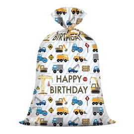KIDAJOY 1 Pcs Extra Large Construction Birthday Gift Bag for Boys 36x56 Inch Jumbo Gift Bags Trucks Excavators Cranes Vehicle-Themed Kids Happy Birthday Parties Favors Decorations