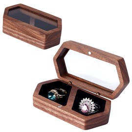 HOBBIESAY 1Pcs Wooden Ring Box Double Ring Display Box with Black Velvet Inside Hexagon 2-Slot Rings Storage Boxes with Transparent Lid Velvet Lined Jewelry Boxes for Engagement Wedding Gift