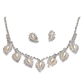 V G S Eternity Fashions Jewelry ~Crystal Rhinestone Teardrop Faux Imitation Pearls Necklace Earrings Jewelry Set Formal Casual for Women
