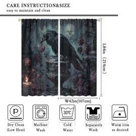DIPQIMI Gothic Skull Flower Blackout Curtains, Crow Bird Curtains Rod Pocket Thermal Insulated Window Drapes for Bedroom/Living Room, 2 Panels, Each 42W x 84L