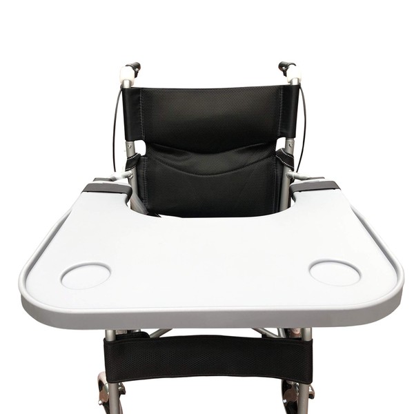 Wheelchair Tray Table with Cup Holder, Removable Wheelchair Lap Tray, Medical Portable Wheelchair Desk Accessories for Eating, Reading, Resting, Fits Wheelchair Arms of 16" - 20", with Secure Straps