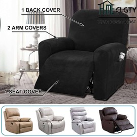 Stretch Velvet Recliner Sofa Cover, 1 Seat, 4 - Divided Type, Side Pockets, Electric Recliner, Sofa Cover, Anti-Slip, Suitable for Children, Pets, Black, 1 Seater