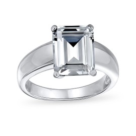 Personalize Timeless Classic Art Deco Style 3CT AAA CZ Solitaire Rectangle Radiant Emerald Cut Engagement Ring For Women .925 Sterling Silver Plain Wide Band Customizable