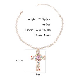 Colorful Crystal Cross Pearl Beads Necklace Sweet Pink Rhinestone Cross Pendant Necklace for Women Largr Cross Perarl Beaded Charm Necklace Elegant CZ Religious Cross Pearl Necklace Sparkling Crystal Cross Necklace