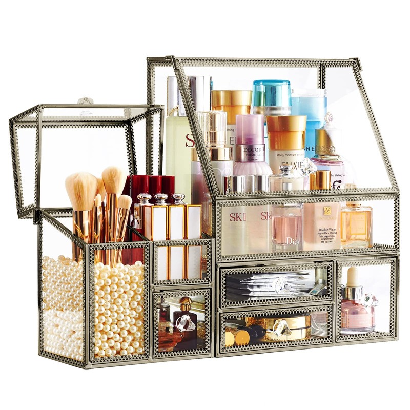 Glass Antique Brass Stackable Drawer Set Makeup Organizer for Vanity