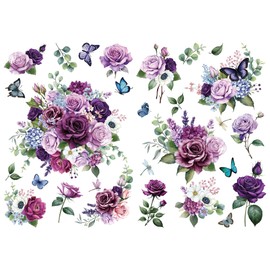 Joeyan Rose Bouquets Rub On Transfers for Furniture and Crafts, 2 Large Watercolor Flowers Design Sheets 12''x18'', DIY Home Decal on Wood Glass Metal Canvas Porcelain Paper Plastic, Purple Dream