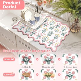 1 Pack Scalloped Floral Dish Drying Mat, 12"x20" Coffee Mat Pink Pastoral