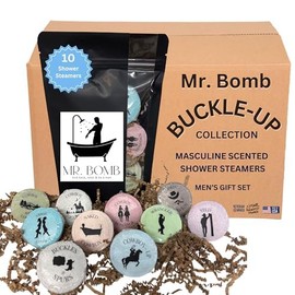 Mr. Bomb Shower Steamers for Men, Dude Bombs, Aromatherapy for The Guys, Shower Bombs for Men Gift Set, 10 Pk Steamer Sampler Set, Elevate Your Bathing and Relaxation (Small, Buckel-Up)