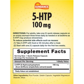 Sundance 5-HTP 100mg | 50 Capsules | 5 Hydroxtryptophan | Non-GMO & Gluten Free Supplement