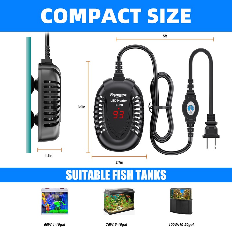 FREESEA Aquarium Fish Tank Heater: 75W Small Submersible Turtle Heater