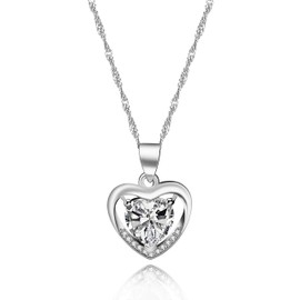 Fashion Crystal Heart Necklace Double Heart Pendant Platinum Plated Wedding Valentines Necklace for Women (White)