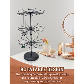 MyGift 3 Tier Classic Matte Black Metal Jewelry Tree with 360 Degree Rotating Arms, Spinning Necklace and Bracelet Tower Display Stand with 36 Hooks and Top Card Holder