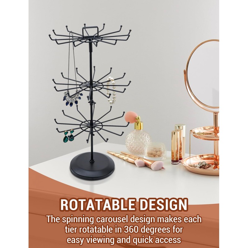 MyGift 3 Tier Classic Matte Black Metal Jewelry Tree with