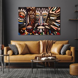 sechars African Art Wall Decor Vintage African Traditional Tribal Ethnic Mask Painting Canvas Art Abstract Ancient Africa Culture Artwork for Home Living Room Office Decoration (Extra Large)