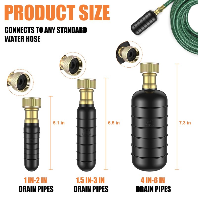 3 Pcs Drain Bladder Kit, Drain Cleaning Bladder Fits 1"