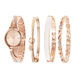TIME100 Women's Bangle Watch and Rose Gold Watch Chain Bracelets Premium Crystal Accented Bracelet Set