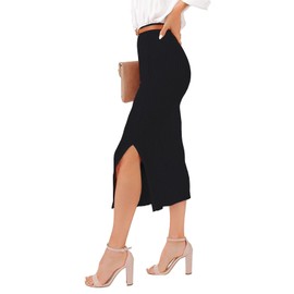 Addkaka Pencil Skirt for Women Midi Bodycon Elastic High Waisted Split Ribbed Knit Basic Sweater Skirts Midi Black Small