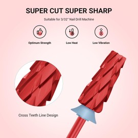 MelodySusie Super Cut Edition 5 in 1 Nail Drill Bits, 3/32'' Carbide Tungsten Multi-function Bits, Suitable for Manicure Pedicure Cuticle Gel Polishing, Red, Series Bit-M, 4XC