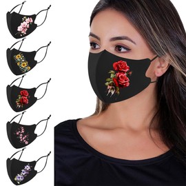 OMG Decor Reusable Cloth Face Mask,Washable Ice Silk Cloth Face Masks,Adjustable Fancy Flower Pattern Cloth Mask for Adult,Pack of 5,N4