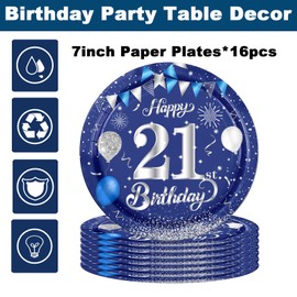 16Pcs Navy Blue 21st Birthday Paper Plates 7inch for Party Decorations - Tableware for Men Him Dinner