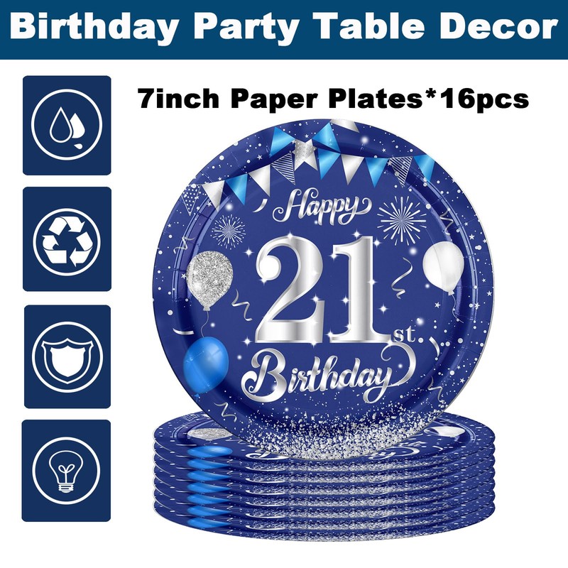 16Pcs Navy Blue 21st Birthday Paper Plates 7inch for Party