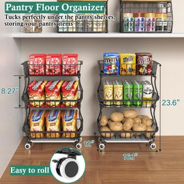 OKZEST 3-Tier Rolling Pantry Floor Organizer and Storage Cart with Wheels, Stackable Wire Pantry Baskets for Pantry Shelves, Kitchen Fruit Basket Stand and Storage Rack for Fruit Snack Onion Potato