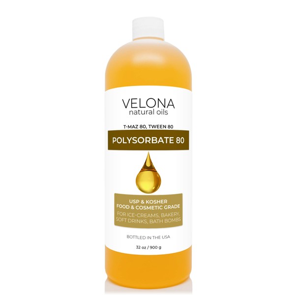 Polysorbate 80 by Velona 32 oz | Solubilizer, Food & Cosmetic Grade | All Natural for Cooking, Skin Care and Bath Bombs, Sprays, Foam Maker | Use Today - Enjoy Results
