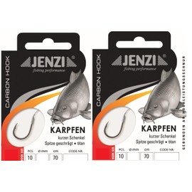Set: 2 packs of tied hooks carp by Jenzi, all-round hooks, carp (20 pieces) on mono line leader ready + free Petri Heil! sticker (hook size 4)