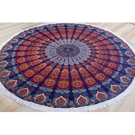 GURU SHOP Round Indian Mandala Cloth, Boho Bedspread, Picnic Blanket, Beach Blanket, Round Tablecloth - Blue/Orange, Cotton, 180 x 180 x 0.5 cm, Bed Throw, Sofa Throw
